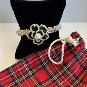 Camellia Flower Hair Tie with Pearl Accents and Dust Bag